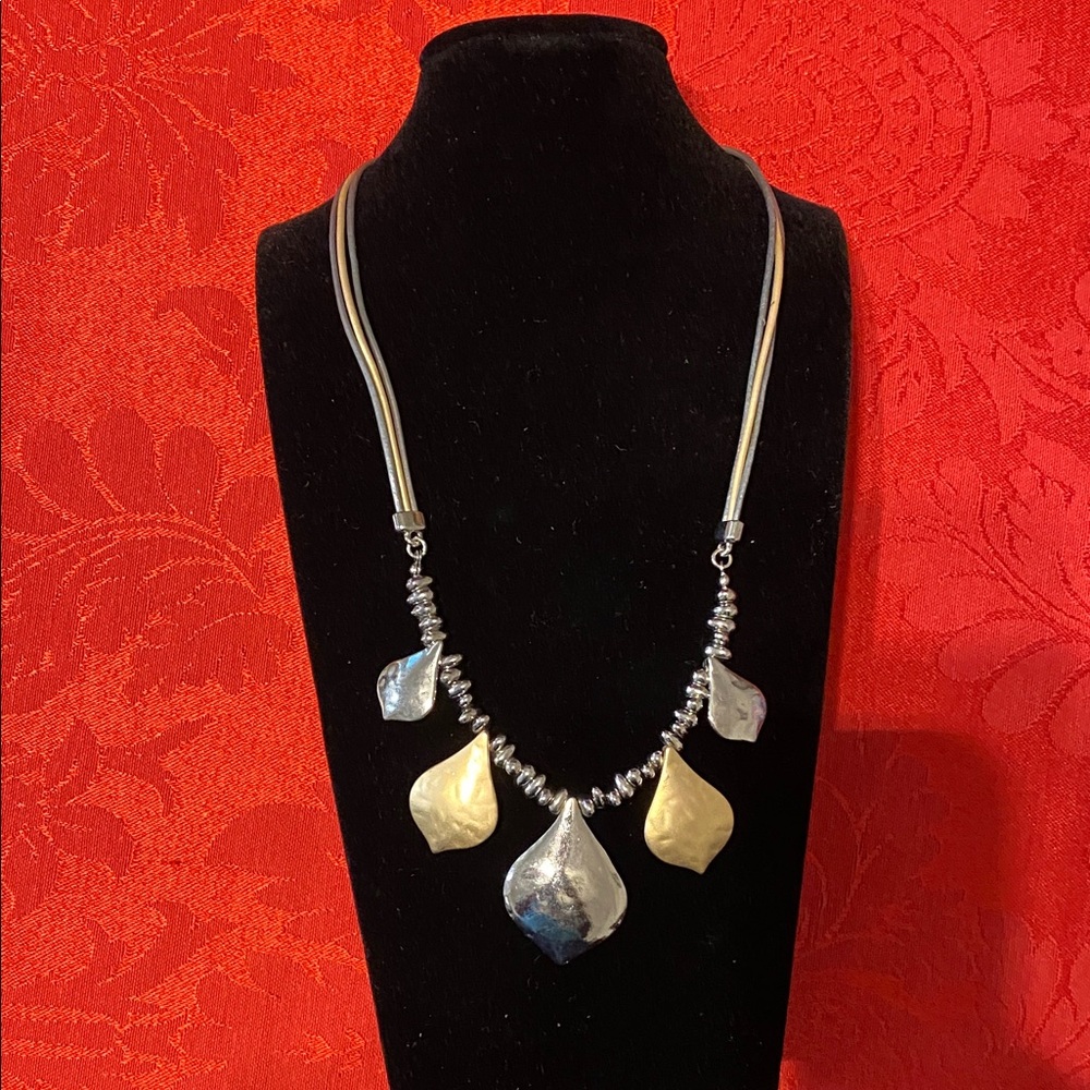 Chico's Hammered Silver Tone Gold Tone Necklace Tear Drop Pendant Charm